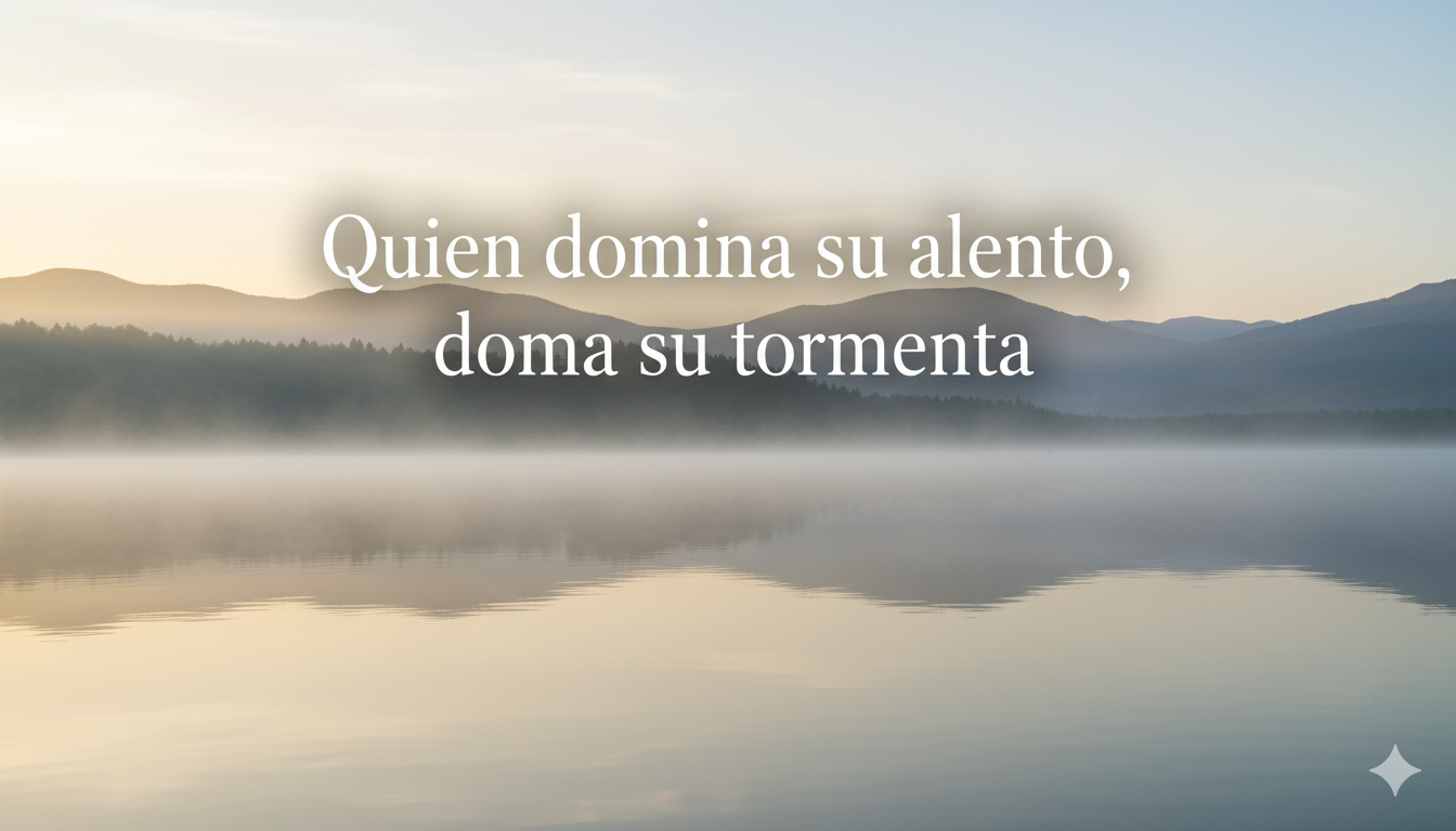 paisaje sereno al amanecer con niebla y frase “Quien domina su aliento, doma su tormenta